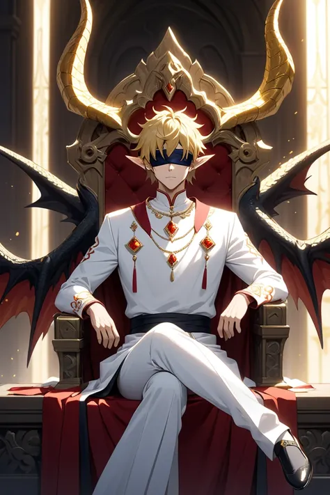  A majestically looking man rests on a throne decorated with reliefs of rising rays, exuding power.  His golden hair floats as if moved by a breeze ,  and incandescent marks adorn his face and pointed ears ,  with its gold-tipped black dragon horns and its...