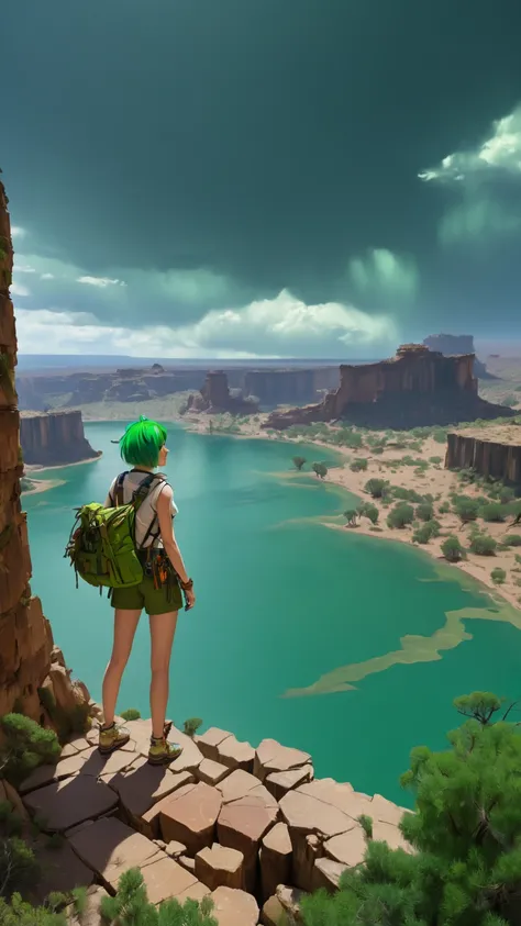 Canyon ruins, big tree pick, explorers clothes, green hair, adult woman, short hair, ruins, great lake, absurd sky, vast nature