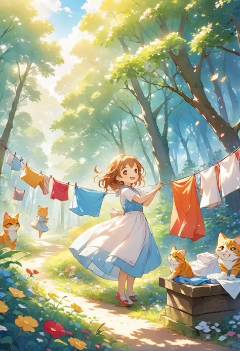 ＢGirl、Smiling woman drying laundry in a beautiful forest、Happy cats、 anime illustration 