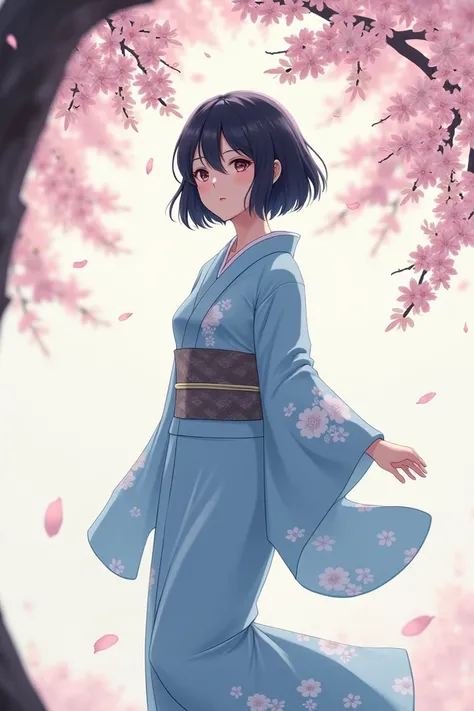 anime photo of a woman with short, shoulder-length black hair wearing a sky blue yukata with a floral motif walking under a cherry tree