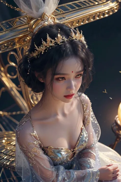 This is、Its a masterpiece of realistic fantasy with lots of sparkles, Glitter, and intricate ornate details. Produces one petite woman with a beautiful delicate crown sitting on a garden swing at night. She is a beautiful and seductive butterfly queen with...