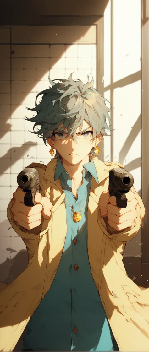 A determined young man aiming dual pistols in a high-stakes confrontation, wearing a jacket over a shirt. His confident gaze is framed by striking metallic earrings and a golden pendant necklace. Background features tiled walls with harsh shadows and float...