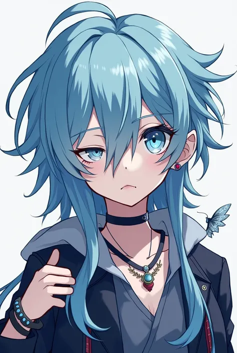 " A man with a V-shaped face and bangs ,  The left eye is Oddy Eye (Blue, Blue gray).  The head is light blue ,  Left side only has long side hair and two ear piercings. Left wing only ×ring decoration . Anklet, bracelet, Wearing a necklace, Funky costume ...