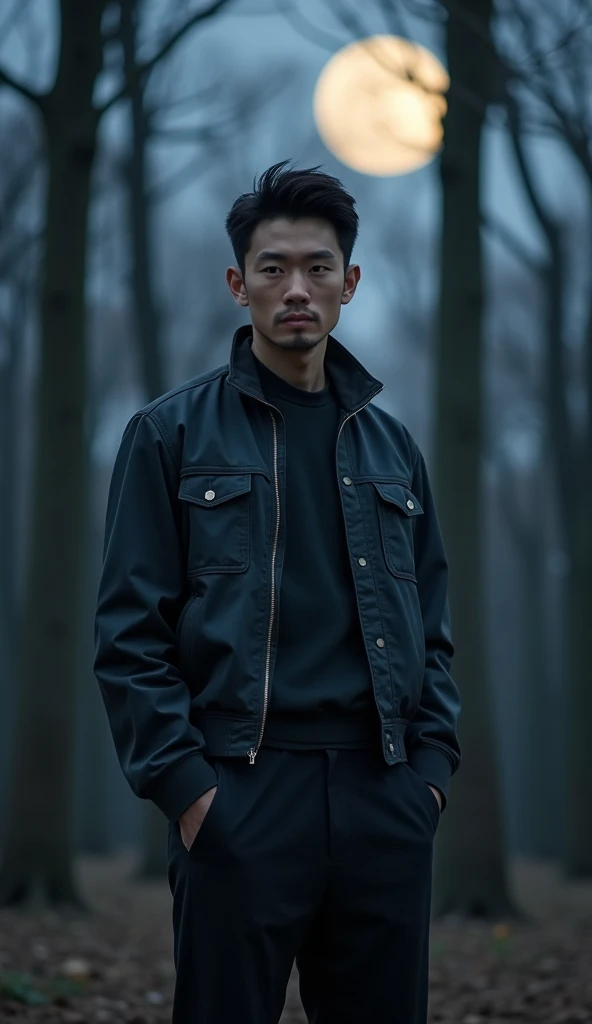 A Japanese man with strikingly handsome features, standing confidently in a moonlit forest of barren trees, dressed in casual modern attire; full-body portrait, cinematic lighting, highly detailed and photorealistic. The mood captures the serene mystery of...