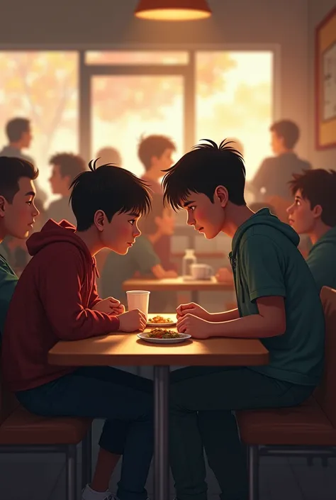 (photorealism:1.2) An adult boy telling something to his depressed friend while sitting in cafeteria full with crowd and noise. 