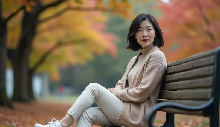 A beautiful short Korean woman in her 50s 、Short medium-length hair、 top quality on hand、Very detailed、 High quality detail 、8ｋ、autumn forest、 Beautiful Korean woman in her 50s . I wore a beige short mid-length cardigan over a luxury sweater. Im wearing lu...