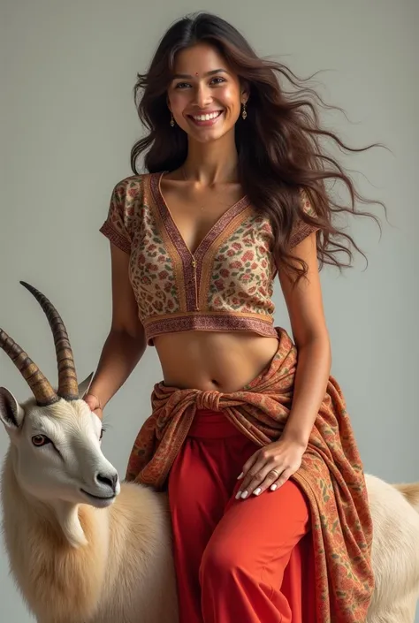 Beautiful laughing 23 years rich young  girl wearing  confident long  hair clear facial features big breast, realistic fair skin wearing printed kurta and red leggings straddling goat neck 