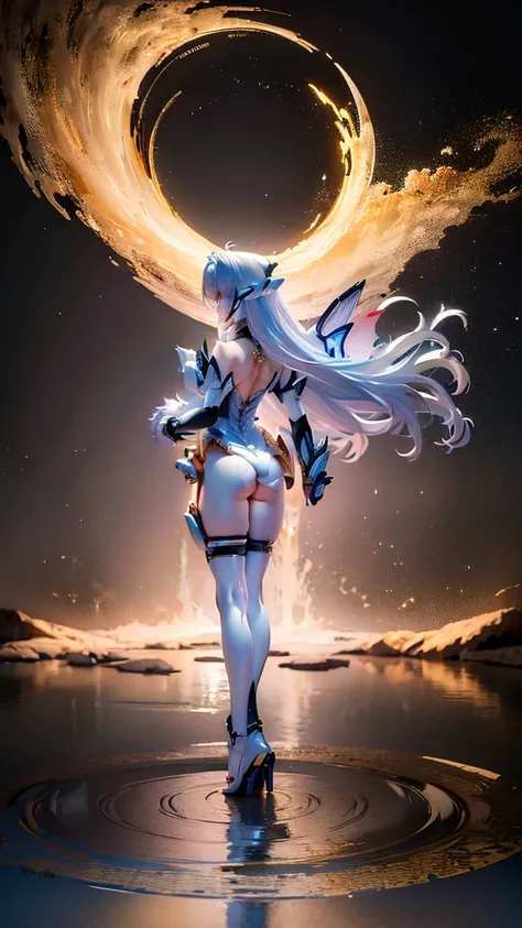 a (Rear view:1.5) A very beautiful female angel(Long platinum blonde hair, Wide back white dress,(There are beautiful big angel wings on the chest),Very beautiful shiny halo), She gently opened her arms，Seeking redemption, She is above the clouds, looking ...