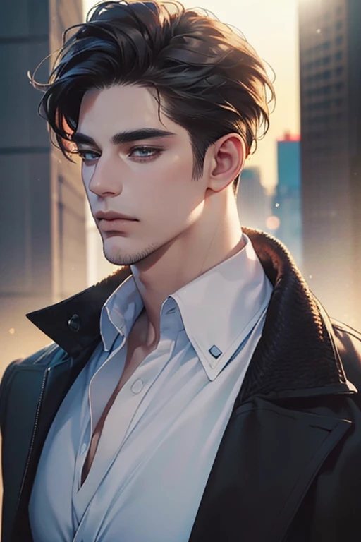 (best quality,4k,8k,highres,masterpiece:1.2),ultra-detailed,(realistic,photorealistic,photo-realistic:1.37),30 year old man,3 day beard,handsome anime,portraits,strong,masculine,dark hair,sharp jawline,mesmerizing eyes,perfectly styled hair,cool anime outf...