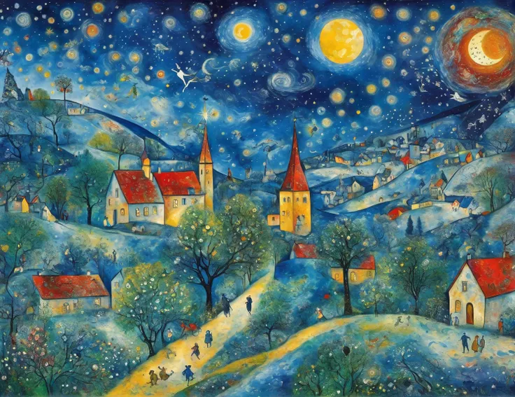 a starry sky, ((Marc Chagall style)), magic naive art, primitivism, protogen, , ((best quality, Masterpiece)), ((Highest detail)), RAW:1,1, 8k