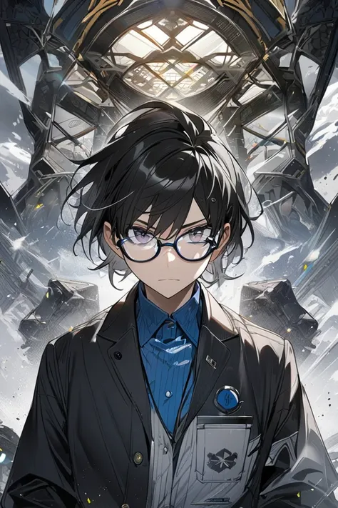 1 man,  High resolution , big black hair, wearing glasses, 