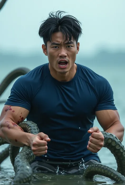 Korean handsome young man wearing tight round neck T-shirt, short sleeves, navy blue  (((Ripped shirt ))) On the arms behind his back, bound with tentacles  ((Big arm muscles)) Bodybuilder model  (Panic, close your eyes, open your mouth), Natural light bac...