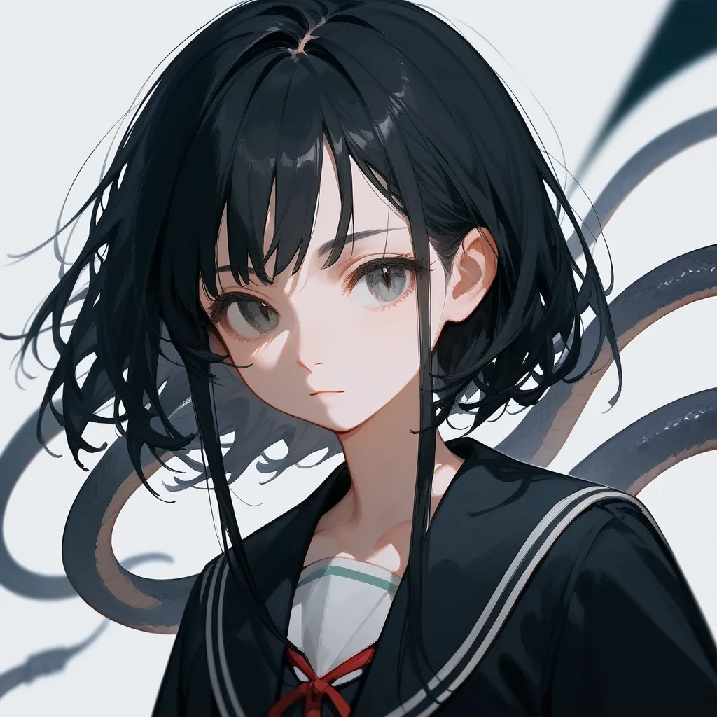 1 girl,  black hair, iris, beautiful_face, black snake motif,  school uniform, solo illustration,  shorthair,  black kimono,  up...