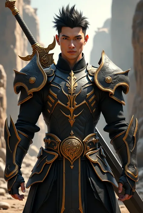 A short quiff Black haired male with a proud look in his eyes with a sword and armor, concept art inspired by Huang Shen, Artstation contest winner, fantasy art, black and golden armor, black and gold armor, gold obsidian armor, concept art of a warrior, h...