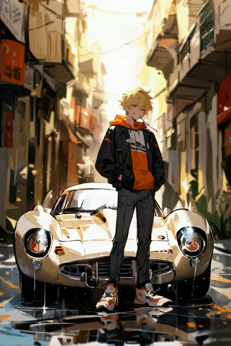 A blonde boy was standing against a beige white racing car, holding a cigarette and smiling. Note: Do not draw legs. CCuteboy