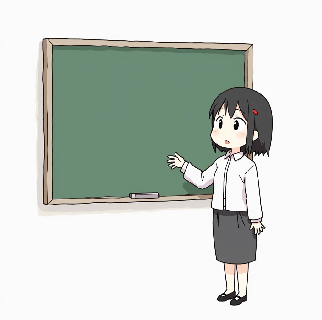 A female teacher is standing in front of the blackboard and talking .  stands on the right end of the board and extends her right hand to show the board.  is standing with her back to the blackboard, and , Her gaze is looking forward. .
 There is nothing i...