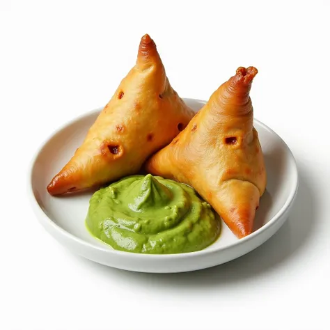 Samosa with green int chutney on white background