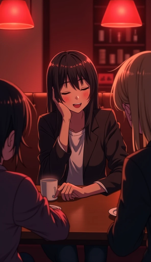 The character laughs lightly while making a self-deprecating joke during a tense conversation, causing the group to relax and smile. The background is a casual lounge, glowing softly in red and black, emphasizing the warmth and ease created by humor.anime ...