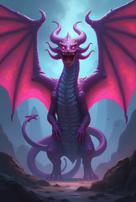 Make a mythical hydra with three heads and wings made of purple and slightly pink poison in game-style 