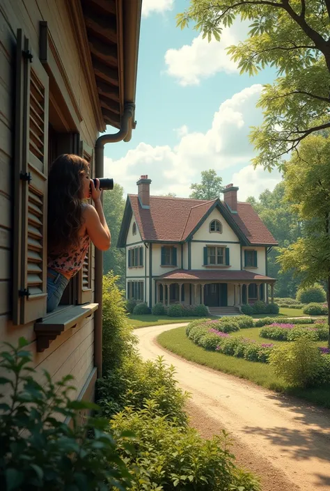 Create an ultra realistic image for a book cover, imagining a charming and very old place,  with a lush and well-kept garden . On the first floor of the house ,  a brown woman with long and wavy hair is leaning in the window, Observing through binoculars a...