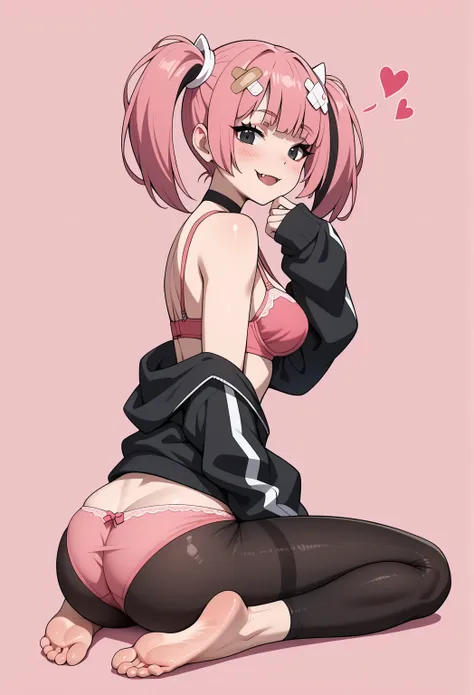 BREAK Those_Anime-Series, sango, aacoral, multicolored hair, pink hair, twintails, hair ornament, bandaid, black eyes, fang , medium breasts, perfect ass, looking at viewer, smile, pink panties, blush, sitting, barefoot, heart, from side, full body, feet, ...