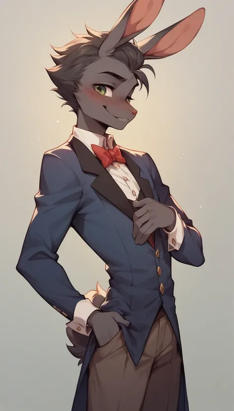  best quality  ,  very detailed illustration,( Anthropomorphic fluffy boy rabbit :1,7), bluish-gray fur,  tousled fluffy hair , sly look , alluring playful look  , Slim,  perfect body , Cute, Smug Bitches,  cartoon  , magician clothes 