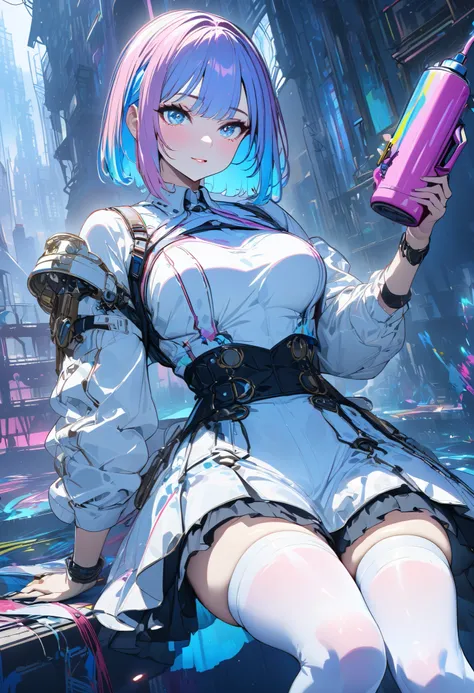 (masterpiece,  best quality :1.2,UHD,High Resolution,Detailed depiction)、 one sexy adult girl a little further away holding color spray、 pink hair colored bob cut beautiful blue inner color 、 is sitting、 white jump suit stained with paint、 wearing a skirt ...