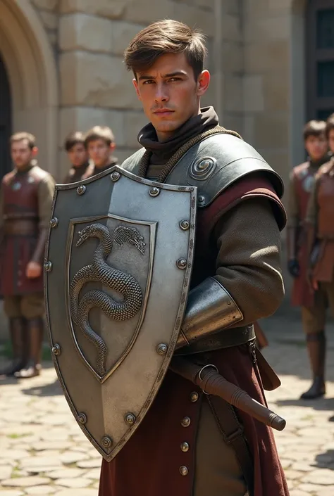  It creates an image of a brown-haired squire, and its shield is made of steel with a snake logo  ,  30-year-old  