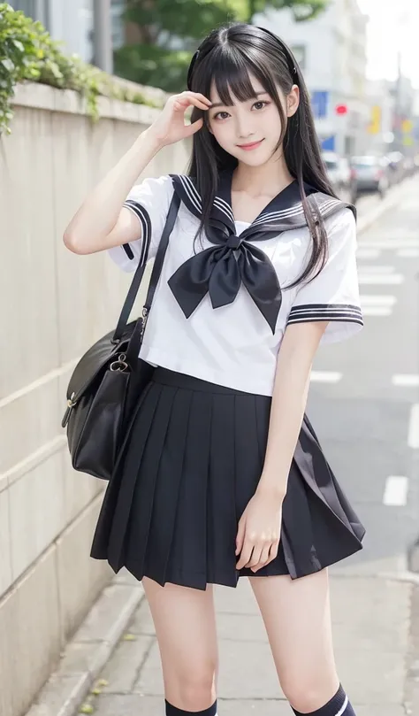 cute, Black-haired, smile, Looks pure, Sailor suit, photograph, Realistic, Best Quality, Detailed face, thin, Thin legs, Long legs, Wear thigh-high socks, Long black straight hair, ローファーをはく