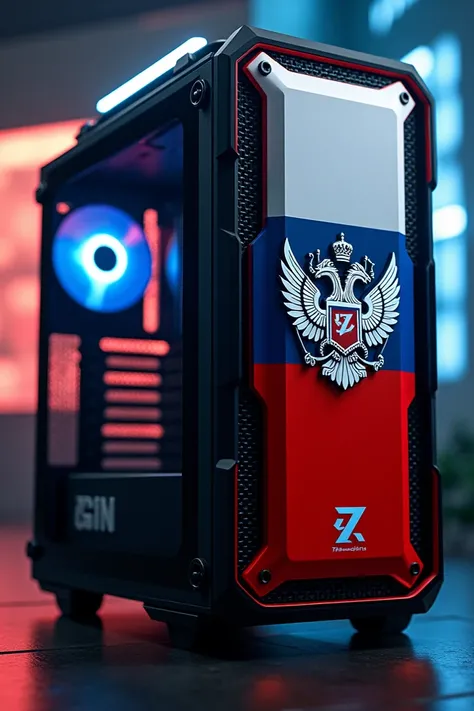 Create a gaming Personal Computer with Russian flag , "ZOV" Writed on it and a "Z"