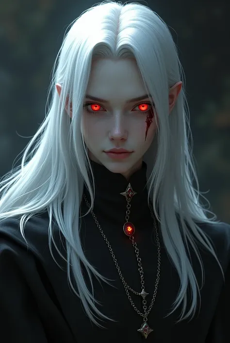  elric de melnibone , young, 20 years, Beautiful and dark . Long straight white hair .  With bright, demonic red eyes.