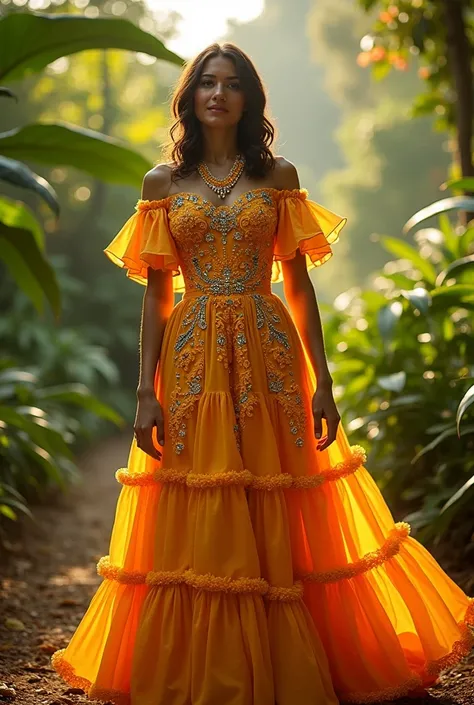 Typical Nicaraguan dress inspired by the Sancuanjoche flower with vanilla and yellow rhinestones and sparkles