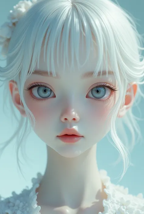 Pale girl with gray eyes pearl white hair with Asian features
