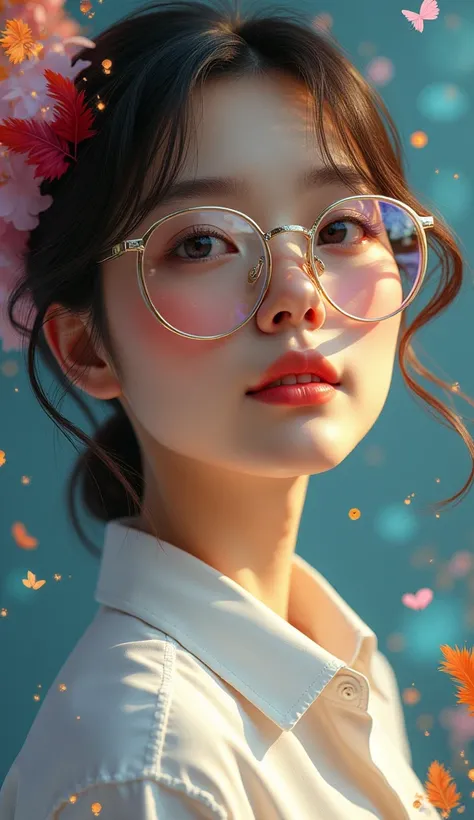 a close up of a woman wearing glasses and a white shirt, 2 , 2 , 2 , 2 , 2 , 21 years old, profile image, ayahausca, professional profile picture, 18 years old, with glasses, profile picture, wearing lab coat and glassesHD, (Best Detail), (Best Quality), D...