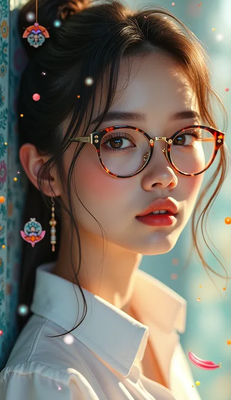 a close up of a woman wearing glasses and a white shirt, 2 , 2 , 2 , 2 , 2 , 21 years old, profile image, ayahausca, professional profile picture, 18 years old, with glasses, profile picture, wearing lab coat and glassesHD, (Best Detail), (Best Quality), D...