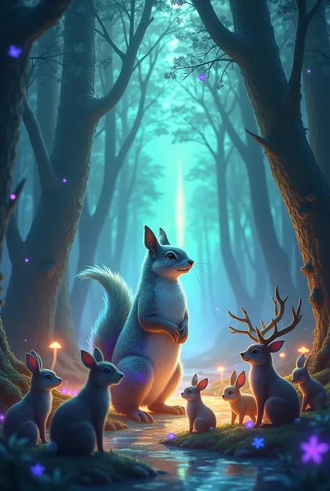 Illustrate the Aurora squirrel being honored by forest animals,  surrounded by magical trees and crystalline rivers .