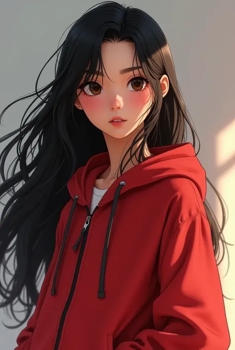 Animation woman long black hair brown eyes and red windbreaker jacket