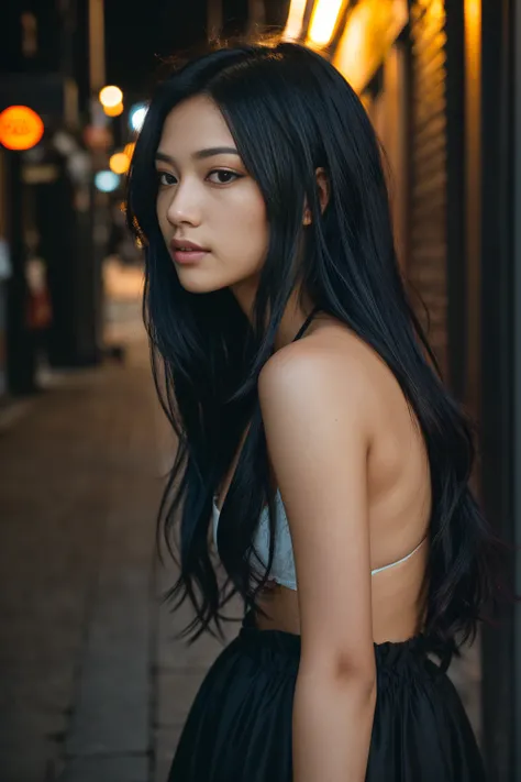 arafed woman with black hair with deep blue high lights, flowing black hair, with black hair, photo of a beautiful woman, long flowing black hair, pink golden hour, curly pink hair, beautiful young asian woman, beautiful asian woman, wild ginger hair, pink...