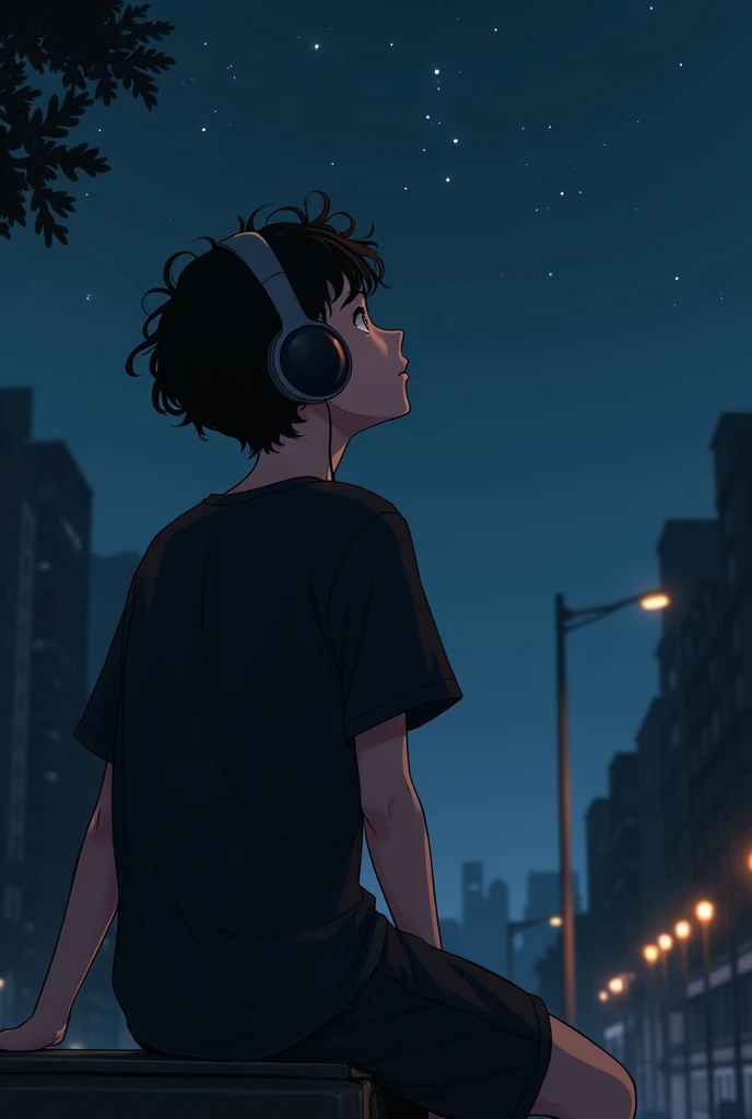 A elder young boy look at the sky in the night, he has   curly hair, he has white color skin, he listening music with his beautiful headphones, he wearing a black bagy t shirt he is in dark background with and trees with in town, he sitting on bench i want...