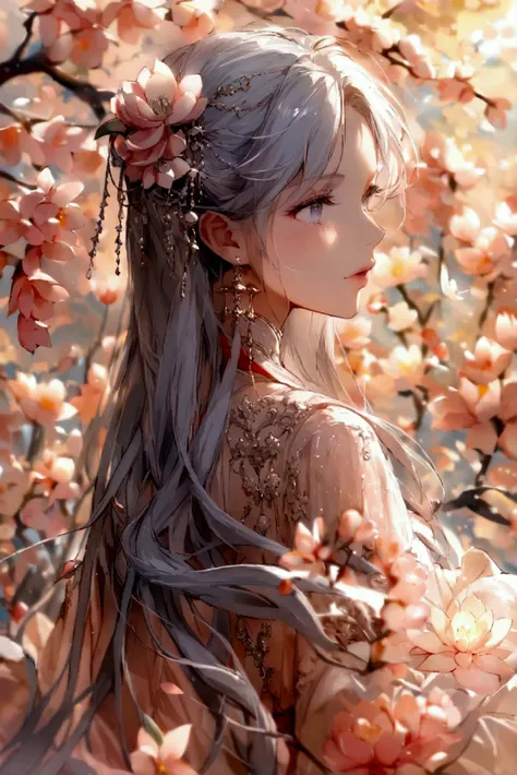 Fairy wearing light pink silk antique ， wearing a delicate lotus hair ornament ， silver long hair and sleeves dancing in the wind ， She looks at us gently at the moment of falling peach blossoms