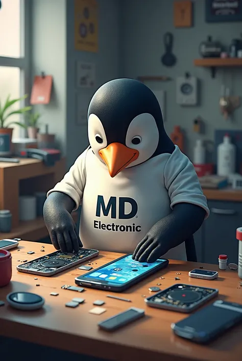 A penguin in a cell phone workshop wearing a t-shirt that says MDelectronics change the screen of a cell phone