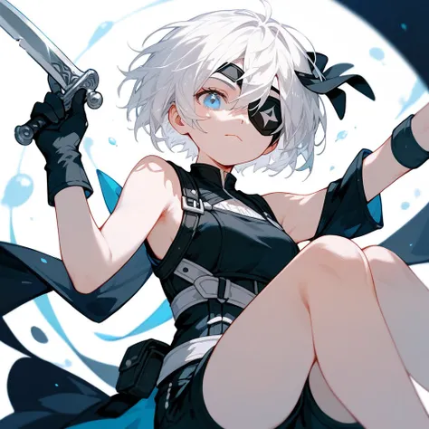  ,White hair, short hair, bob , eyes patch, in blue eyes, Medium Chest,Dark circles under the eyes,cute,Wearing black gloves ,Black sleeveless shirt, shorts,Holding a dagger