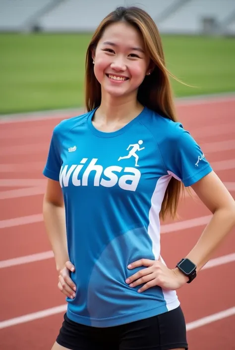 
Prompt : The image is a high-resolution photograph of a young woman standing on a red track, likely at an outdoor athletic facility. The woman has light skin, long straight light brown hair, and is smiling directly at the camera. She is wearing a short-sl...