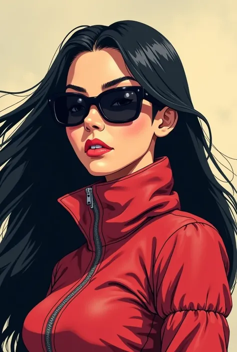 Pixart animation adult woman long black hair brown eyes with black sunglasses and red windproof jacket