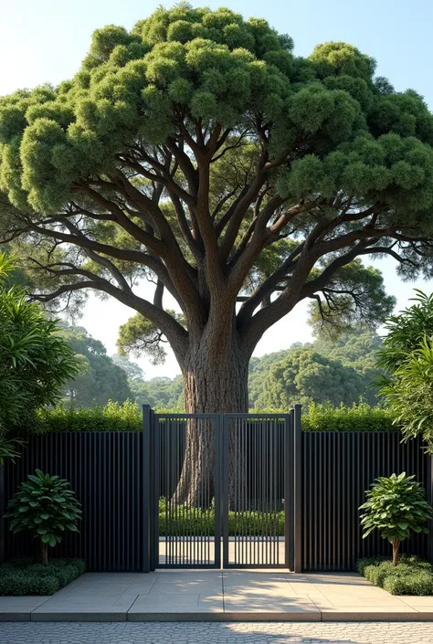 A saman with a modern metal fence around