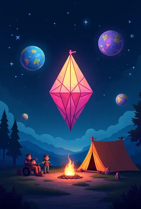 Please give me a logo or image with the title TURMA CJ ,  that have a night landscape with a cantoya globe in the shape of a colored diamond. And other globes in the sky with dust . With a  with a blowtorch and camping area 