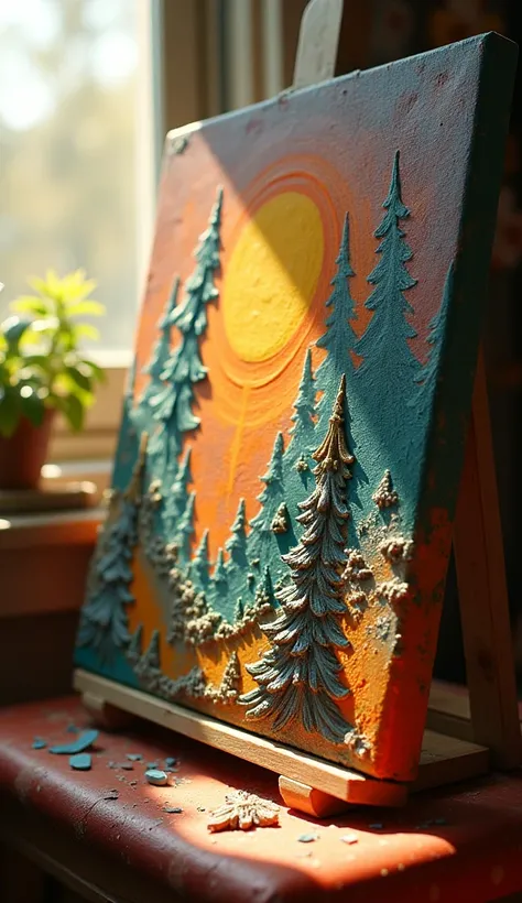 Close-up of the completed painting, vibrant and detailed, radiating beauty and perfection, as sunlight streams through the window.