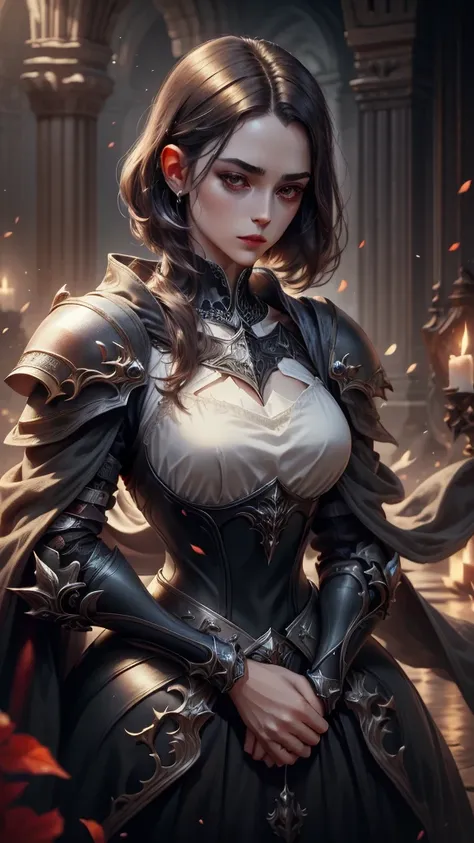 realism, noblewoman ,  medieval , white background,  medieval , atmospheric, (( dark hair , square,  Short hair)), (calm,  arms crossed at her chest,  cool ,  Detailed eyes ), , combat, lady knight , in black, armor
