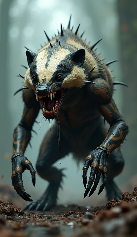 Mutant hybrid of a badger with an angry and roaring mantis 