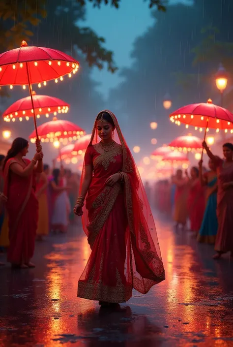 A vibrant night scene featuring a beautiful young bride dressed in a traditional wedding saree, walking gracefully on a road during her wedding procession under a softly lit, rainy night. Bright decorative lights line the roadside, and nearby, a group of p...